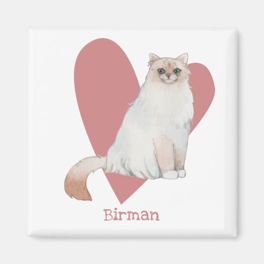 Aimant Chat Birman Aquarelle Kitty Coeur rose (Devant)