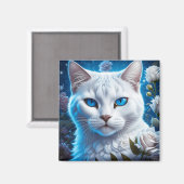 Aimant Chat blanc aux yeux bleu clair Floral (Recto/Verso)