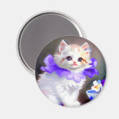 Aimant Chat blanc avec collier de fleurs violettes (Recto/Verso)