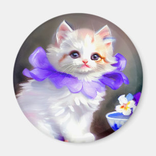 Aimant Chat blanc avec collier de fleurs violettes