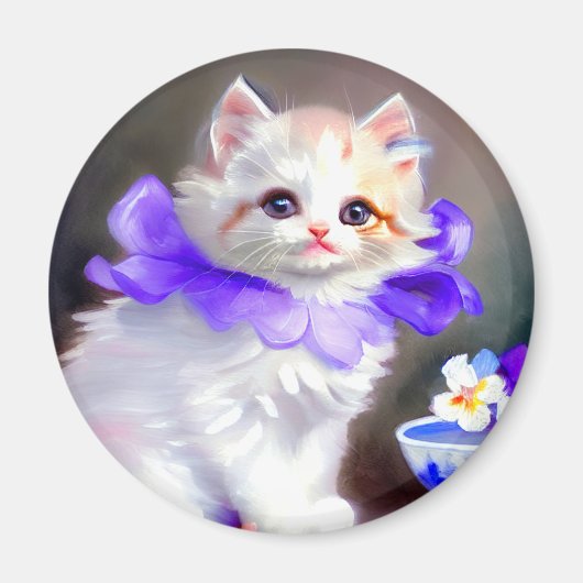 Aimant Chat blanc avec collier de fleurs violettes (Devant)