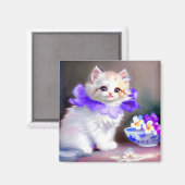 Aimant Chat blanc avec collier de fleurs violettes (Recto/Verso)