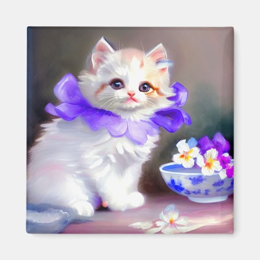 Aimant Chat blanc avec collier de fleurs violettes (Devant)