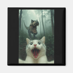 Aimant Chat Blanc Drôle Selfie Avec T-rex Dinosaure, Chat