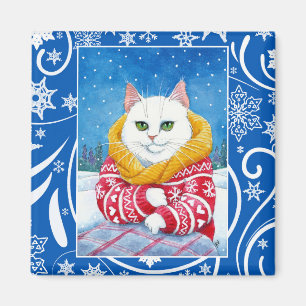 Aimant Chat blanc mignon, nature d'hiver de Noël