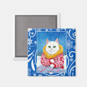 Aimant Chat blanc mignon, nature hivernale Noël (Recto/Verso)