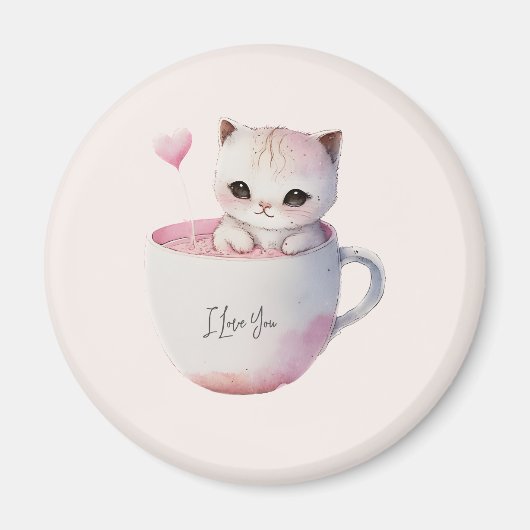 Aimant Chat blanc-rose mignonne dans une tasse de thé (4) (Devant)