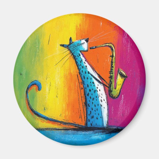 Aimant Chat bleu jouant du saxophone (Devant)