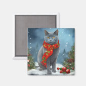 Aimant Chat Bleu Russe dans la neige de Noël (Recto/Verso)