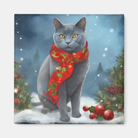 Aimant Chat Bleu Russe dans la neige de Noël (Devant)