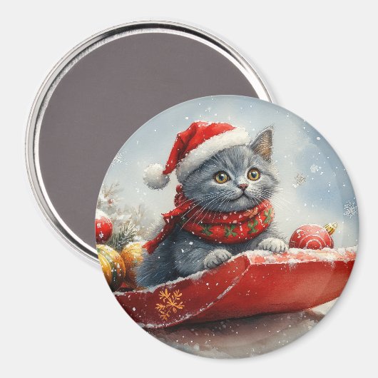 Aimant Chat bleu russe en sangle laissez-le neiger Noël (Recto/Verso)