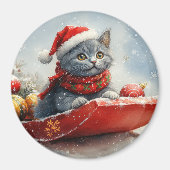 Aimant Chat bleu russe en sangle laissez-le neiger Noël (Devant)