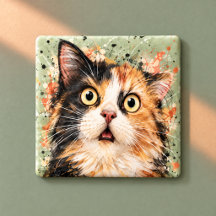 Chat calicot surpris drôle - Art aquarelle