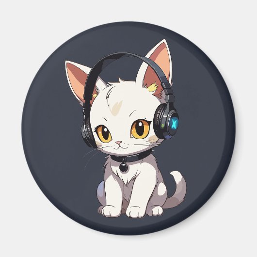 Aimant Chat charmant et élégant avec casque audio (Devant)