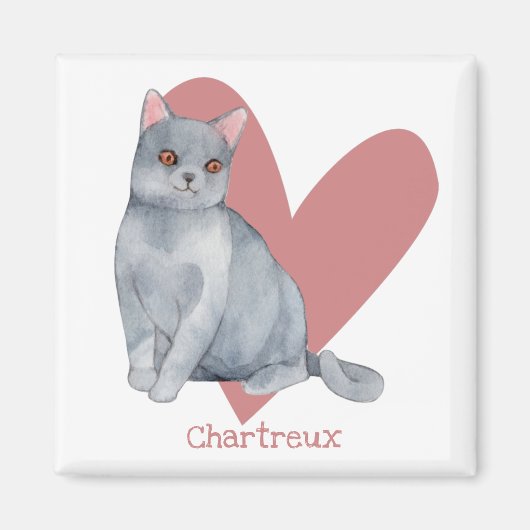 Aimant Chat Chartreux Aquarelle Kitty Coeur rose (Devant)