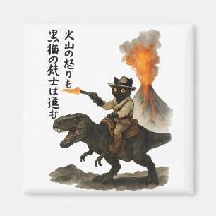 Aimant Chat cowboy noir épique chevauchant un dinosaure a