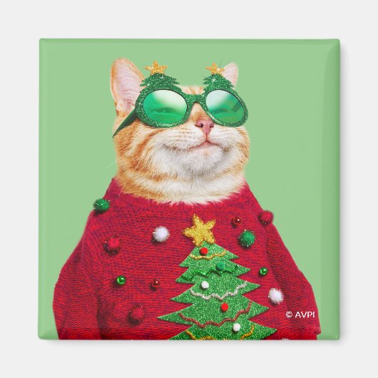 Aimant Chat dans un pull de Noël moche (Devant)