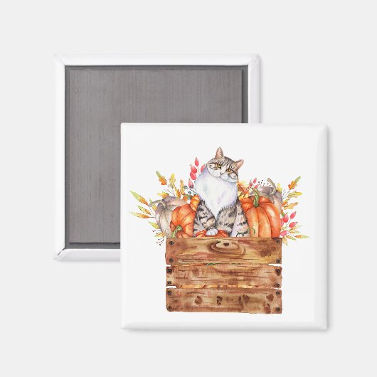 Aimant Chat d'automne et citrouilles en boîte (Recto/Verso)