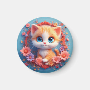 Aimant Chat de dessin animé adorable entouré de fleurs co