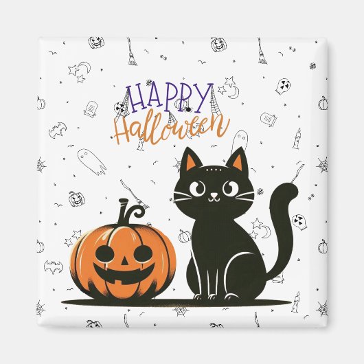 Aimant Chat de Halloween heureux & citrouille (Devant)