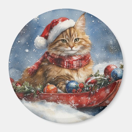 Aimant Chat de Maine Coon en sledge Laisser neiger Noël (Devant)