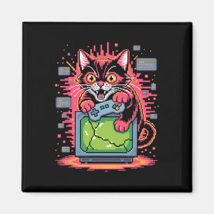 Aimant Chat de rage en pixel art pour joueur nostalgique 