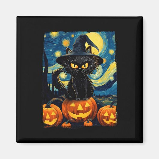 Aimant Chat de sorcière Starry Nuit Van Gogh Retro Hallow (Devant)