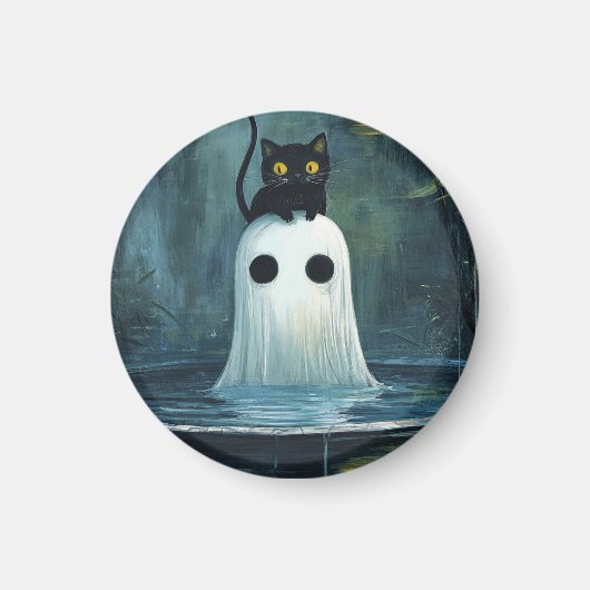Aimant Chat d'Halloween et fantôme dans la piscine (Devant)