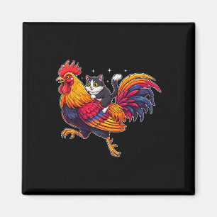 Aimant Chat Drôle à Cheval sur un Coq Poule Animaux de Fe