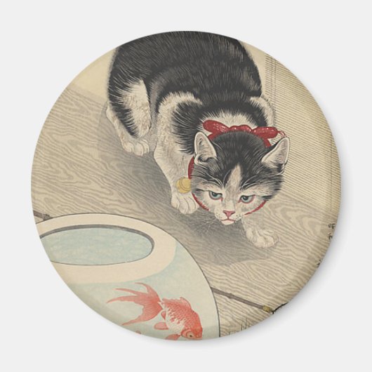 Aimant Chat et bol de poisson rouge par Ohara Koson (Devant)
