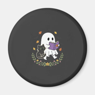 Aimant Chat fantôme d'Halloween lisant un livre floral De