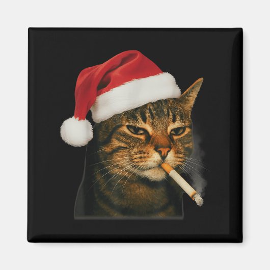 Aimant Chat Fumeur Cigarette Noël Chapeau Santa Chat Mème (Devant)