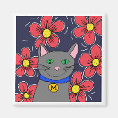 Aimant Chat gris avec des fleurs personnalisent l'initial (Devant)
