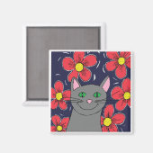 Aimant Chat gris avec fleurs (Recto/Verso)