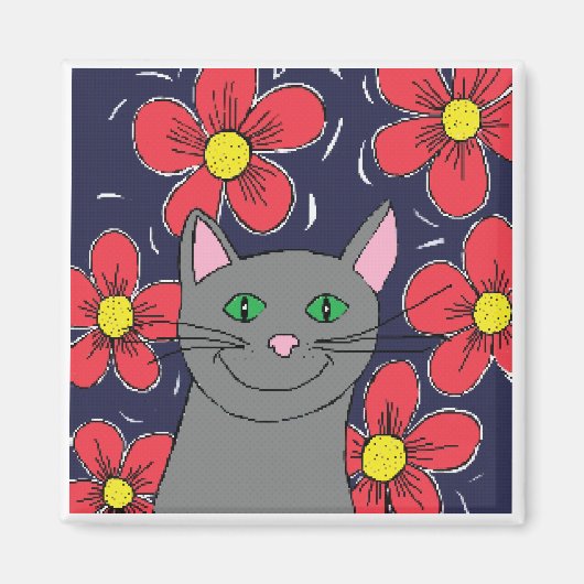 Aimant Chat gris avec fleurs (Devant)