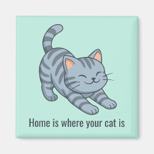 Aimant Chat gris tabby vert étiré Texte personnalisé