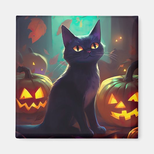 Aimant Chat Halloween Tuxedo Avec Peur Citrouille (Devant)