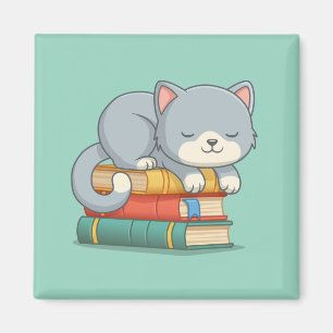 Aimant Chat heureux sur le dessus d'une pile de livres ve