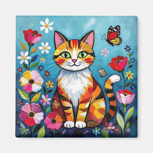 Aimant Chat Impasto, Fleurs & Papillon (Devant)