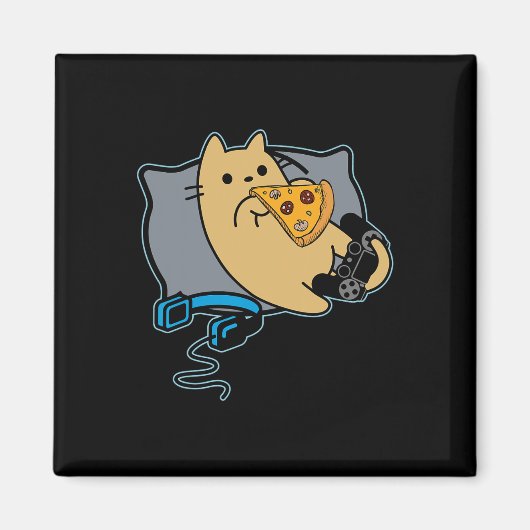 Aimant Chat joueur mangeant une pizza nerd jeu en pause (Devant)