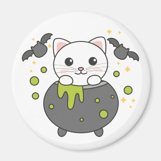 Aimant Chat Joyeux Halloween Cauldron Bat (Devant)