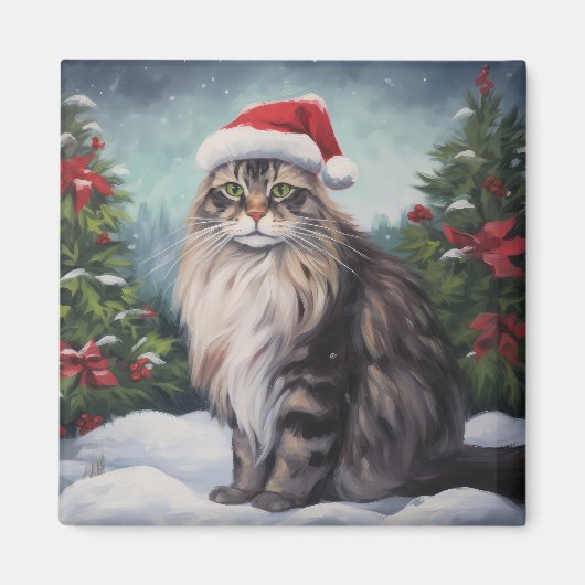Aimant Chat Maine Coon à Noël de neige (Devant)
