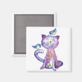 Aimant Chat mignon blanc violet avec oiseaux (Recto/Verso)