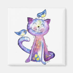 Aimant Chat mignon blanc violet avec oiseaux