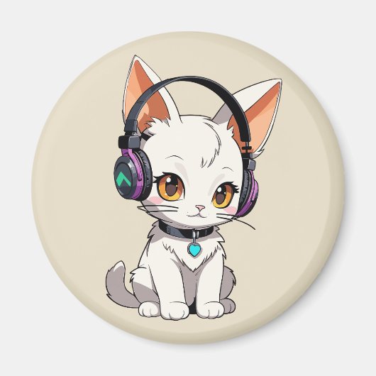 Aimant Chat Mignon Kawaii avec Écouteurs (Devant)