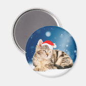 Aimant Chat mignon portant chapeau de Noël rouge neige (Recto/Verso)