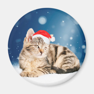 Aimant Chat mignon portant chapeau de Noël rouge neige
