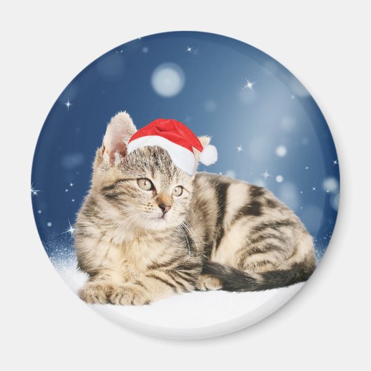 Aimant Chat mignon portant chapeau de Noël rouge neige (Devant)