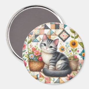 Aimant Chat mignon sur courtepoint fleurie Cottagecore