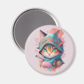 Aimant Chat Ninja à Capuchon Mignon Aquarelle (Recto/Verso)